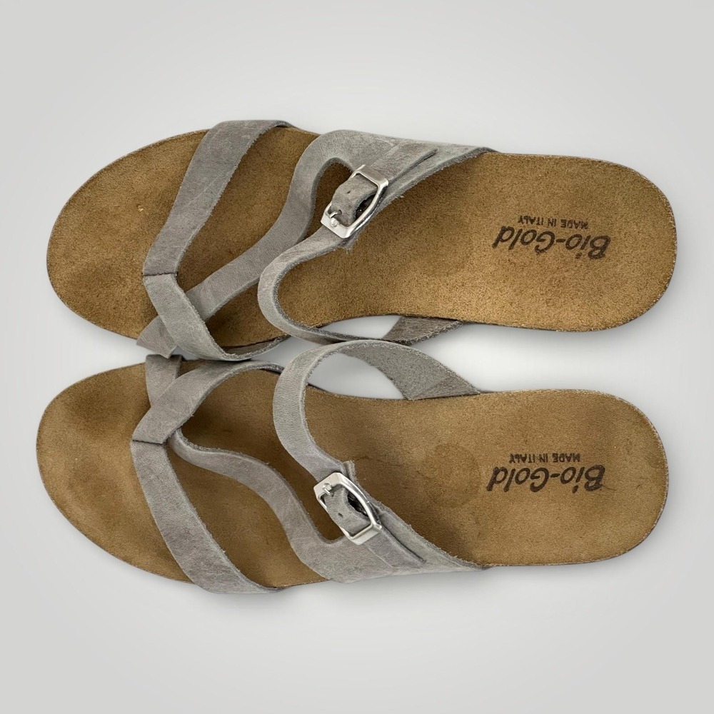 Bio-Gold Gray Suede Cork Wedge Sandals Womens 8 Italy Thong Comfort Shoes - Picture 10 of 14